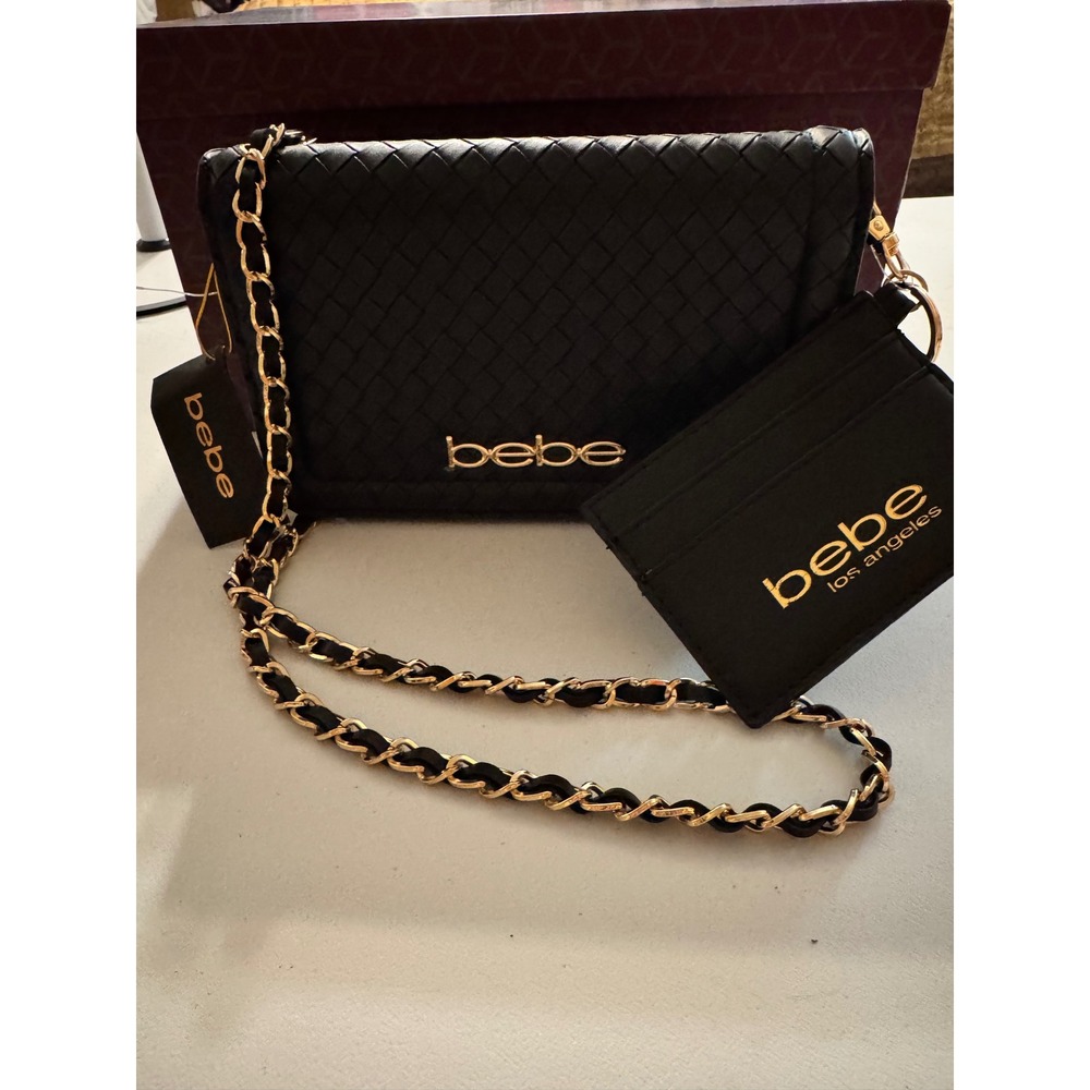 Bebe Woven Crossbody Bag with Matching Card Holder Black Gold Chain Strap NEW - Picture 2 of 6